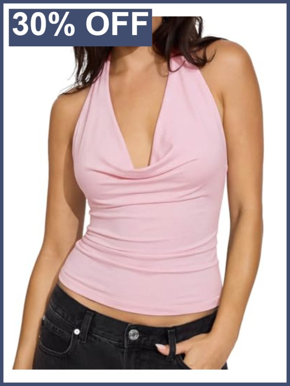 SUUKSESS Women Deep V Built in Bra Cowl Halter Tank Top Open Back Y2K